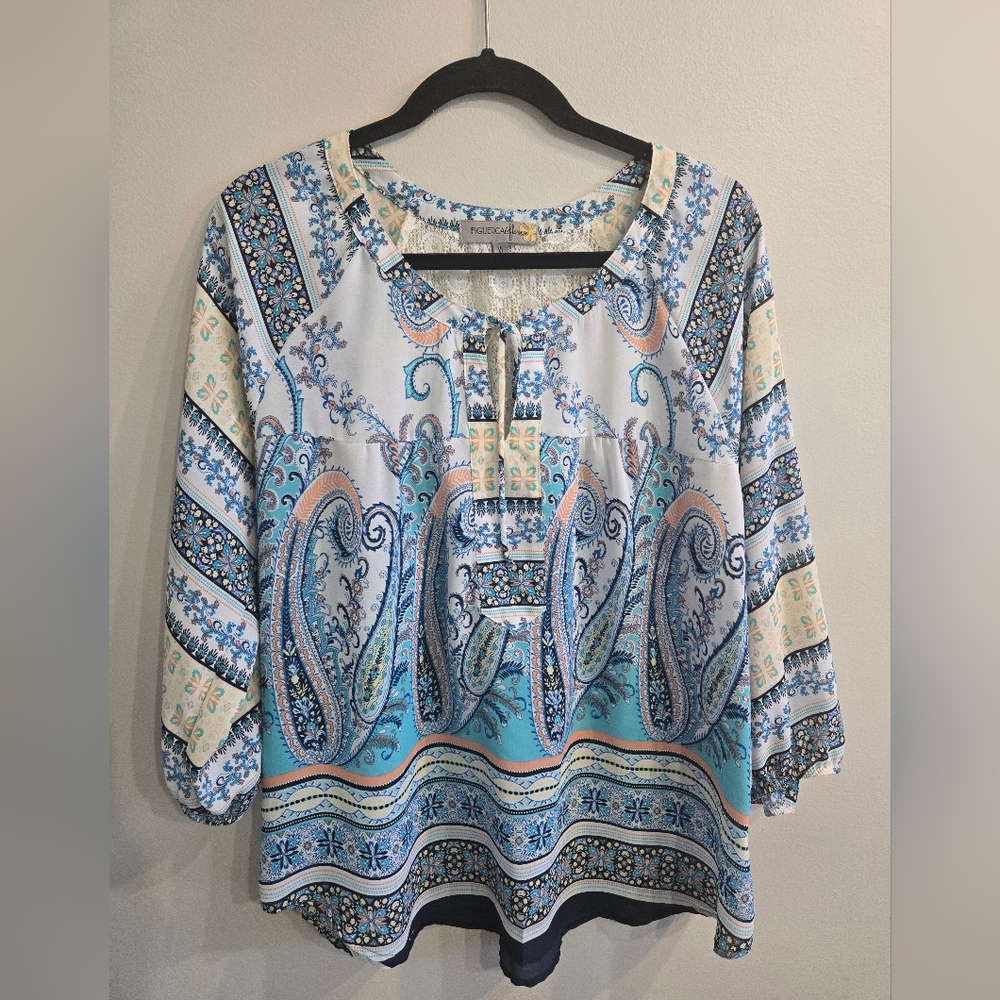Figueroa & Flowers Paisley Print Women's Blouse - Blue and Cream Sz XL